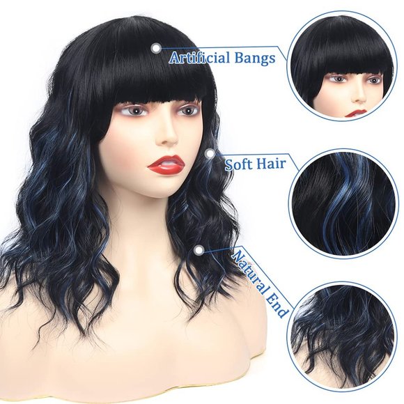 Women 14 Inches Black Mixed Blue Synthetic Short Curly Wigs with Bangs - Picture 3 of 15
